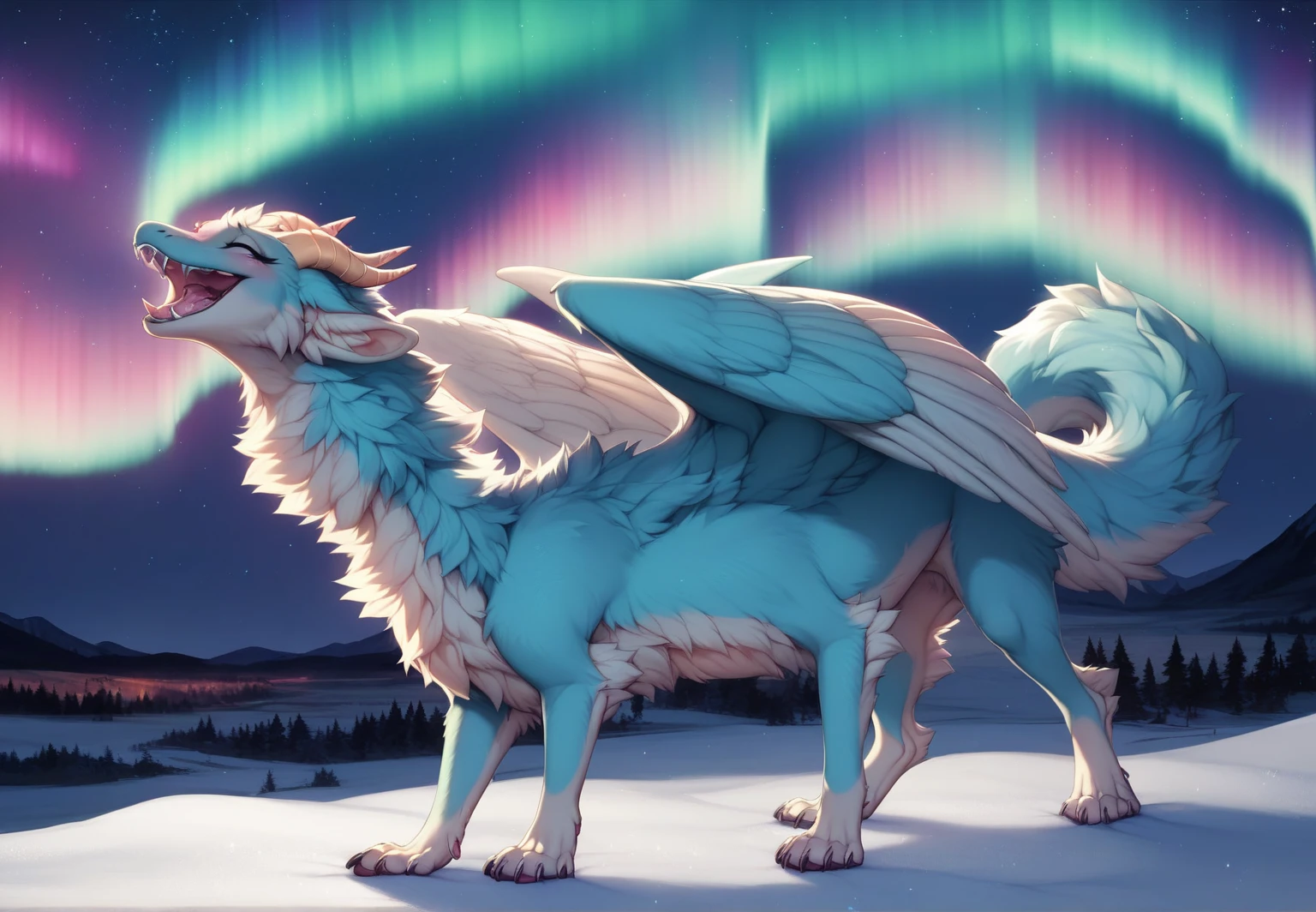 furry art, feral, furred dragon, female, full body, white and blue fur, thicc, wings, horns, tail, chest fluff, paws, fangs,  ton back, close up, embarrassed, happy, bent over, bent over with her ass to the viewer , extra fluffy,  extra fluffy, quadruped, ((nighttime, night sky, stars, aurora, summertime, colorful, black))