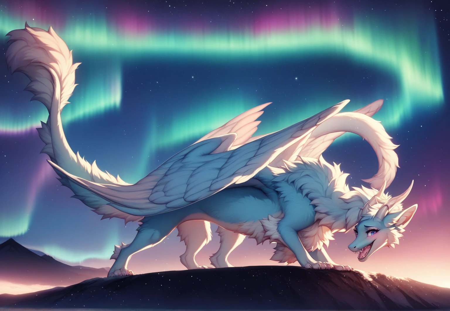 furry art, feral, furred dragon, female, full body, white and blue fur, thicc, wings, horns, tail, chest fluff, paws, fangs,  ton back, close up, embarrassed, happy, bent over, bent over with her ass to the viewer , extra fluffy,  extra fluffy, quadruped, ((nighttime, night sky, stars, aurora, summertime, colorful, black))