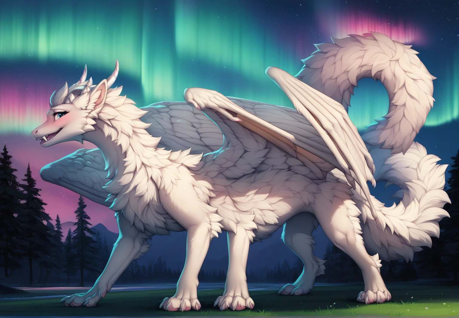 furry art, feral, furred dragon, female, full body, white and blue fur, thicc, wings, horns, tail, chest fluff, paws, fangs,  ton back, close up, embarrassed, happy, bent over, bent over with her ass to the viewer , extra fluffy,  extra fluffy, quadruped, ((nighttime, night sky, stars, aurora, summertime, colorful, black))