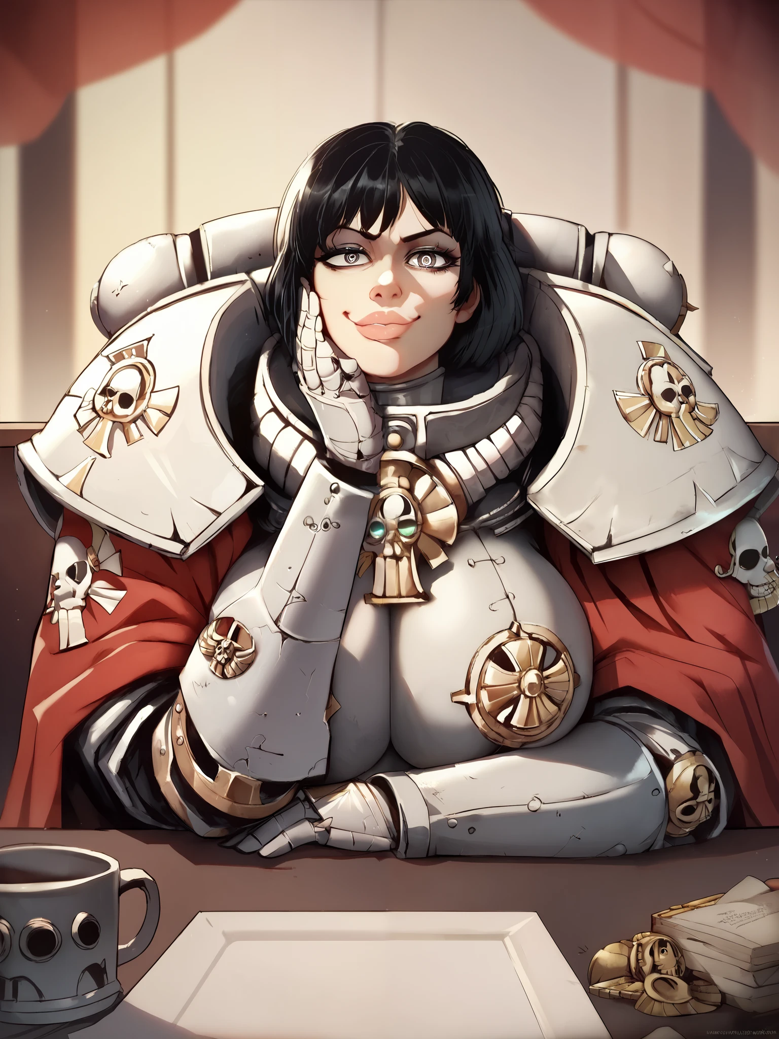 source_anime,  Warhammer 40k Sisters of battle/sororitas, white black hair, 
1girl, big lips, solo, beautiful eyes, detailed face, sitting at restaurant table, wearing Sisters of battle/sororitas armor,  huge breasts, breasts on table, thickthighs under the table, legsspread, legsopen, , teasing, flashing, smug, chin_rest, facing viewer, looking at viewer