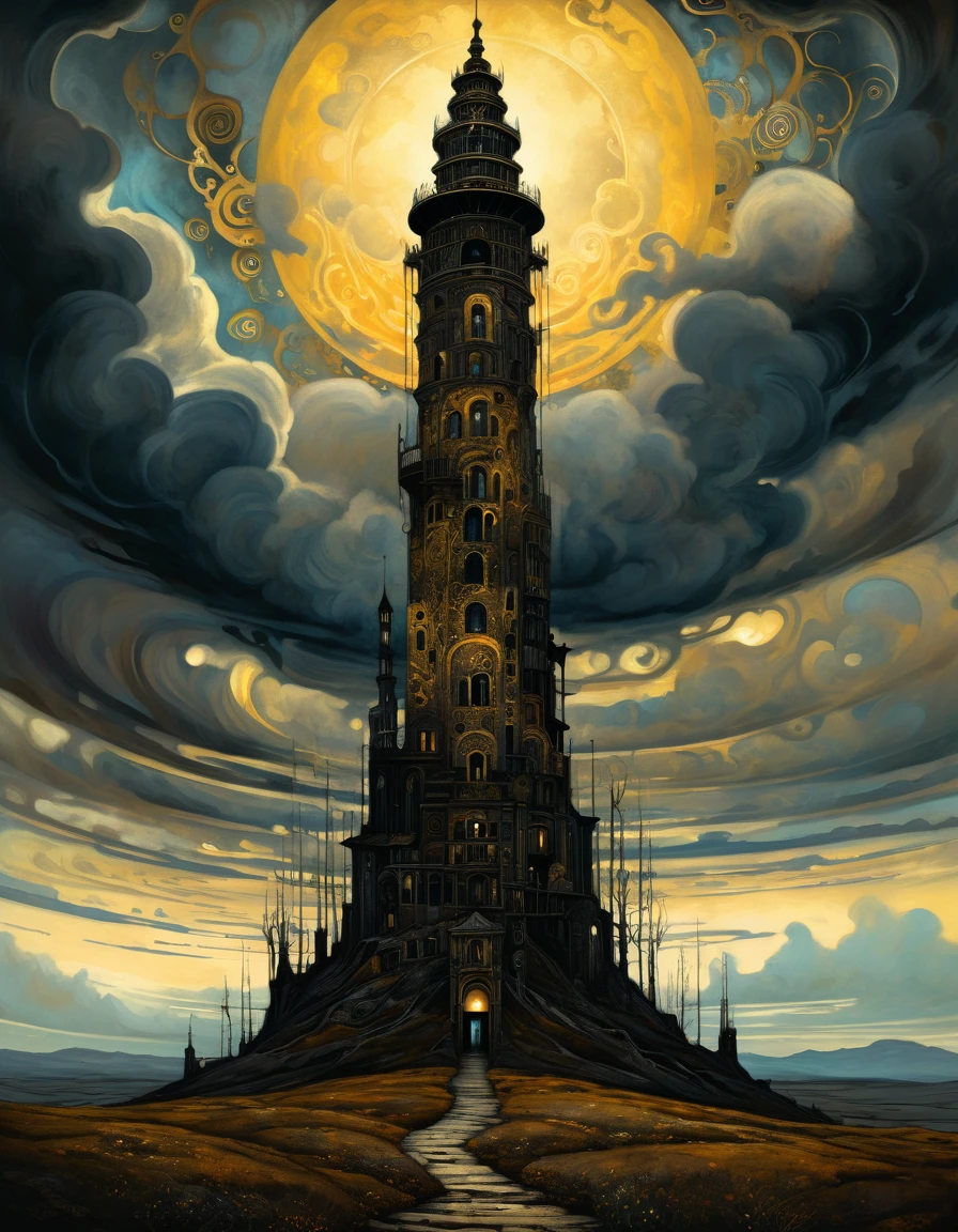 style inspired by Gustav Klimt, Ancient Dark Tower, Towering high in the sky, Darkest Tower. sunlight filtering through clouds, sense of decay and abandonment, moody color palette, mysterious atmosphere, fantasy landscape, esao andrews art, Kilian Eng Style page