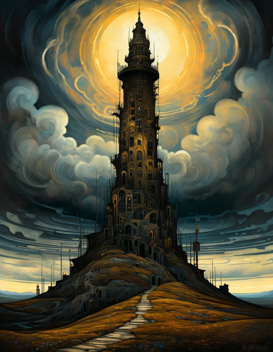 style inspired by Gustav Klimt, Ancient Dark Tower, Towering high in the sky, Darkest Tower. sunlight filtering through clouds, sense of decay and abandonment, moody color palette, mysterious atmosphere, fantasy landscape, esao andrews art, Kilian Eng Style page