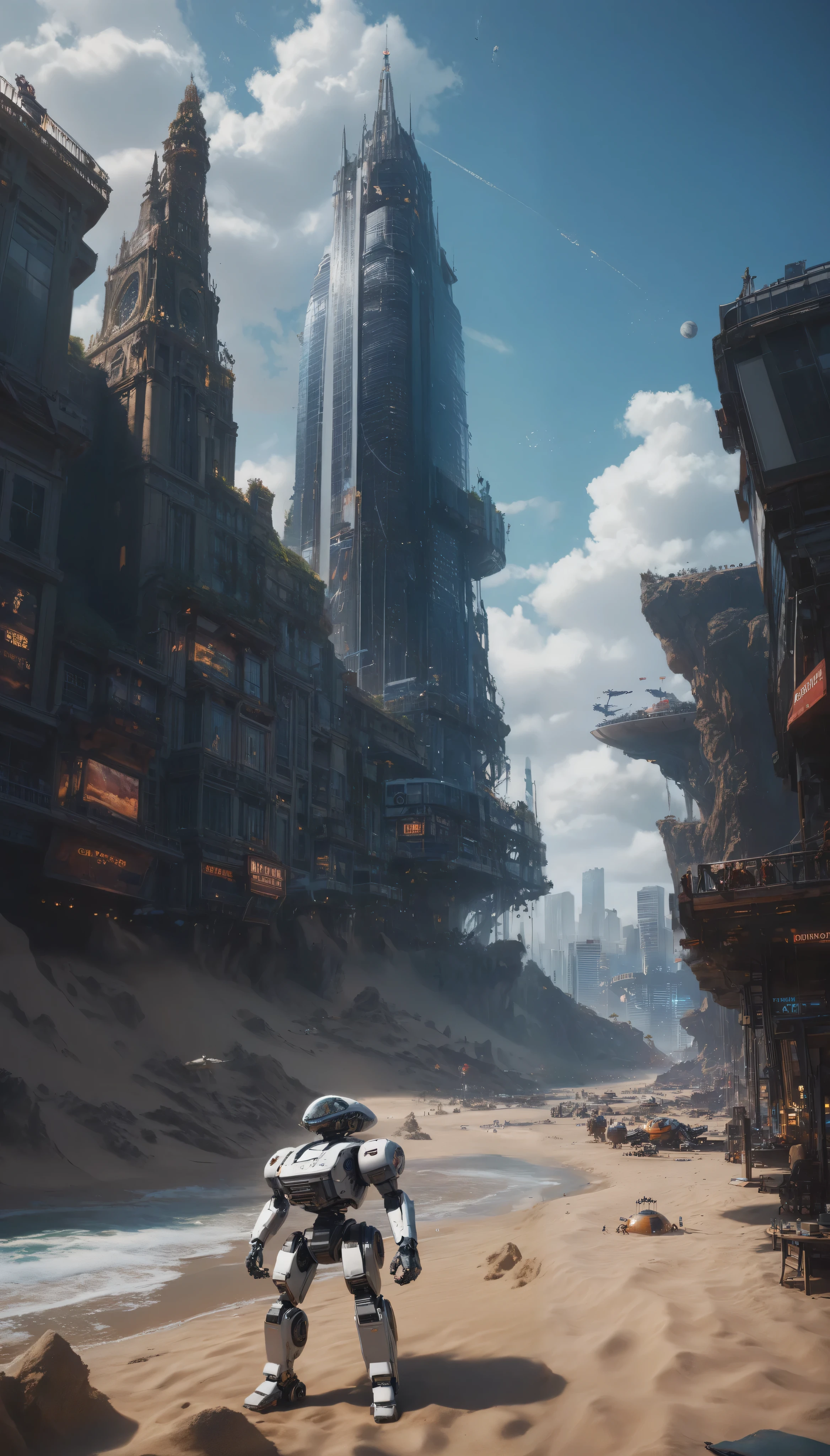  futuristic city and giant tower in high-definition images ， detailed images、 highly detailed matte painting 、Massive ultra-detailed matte painting of Sand Planet 、Intricate film 、 robots、Complex Environment、 Amazing（ sci-fi concept art  、 CGSociety )