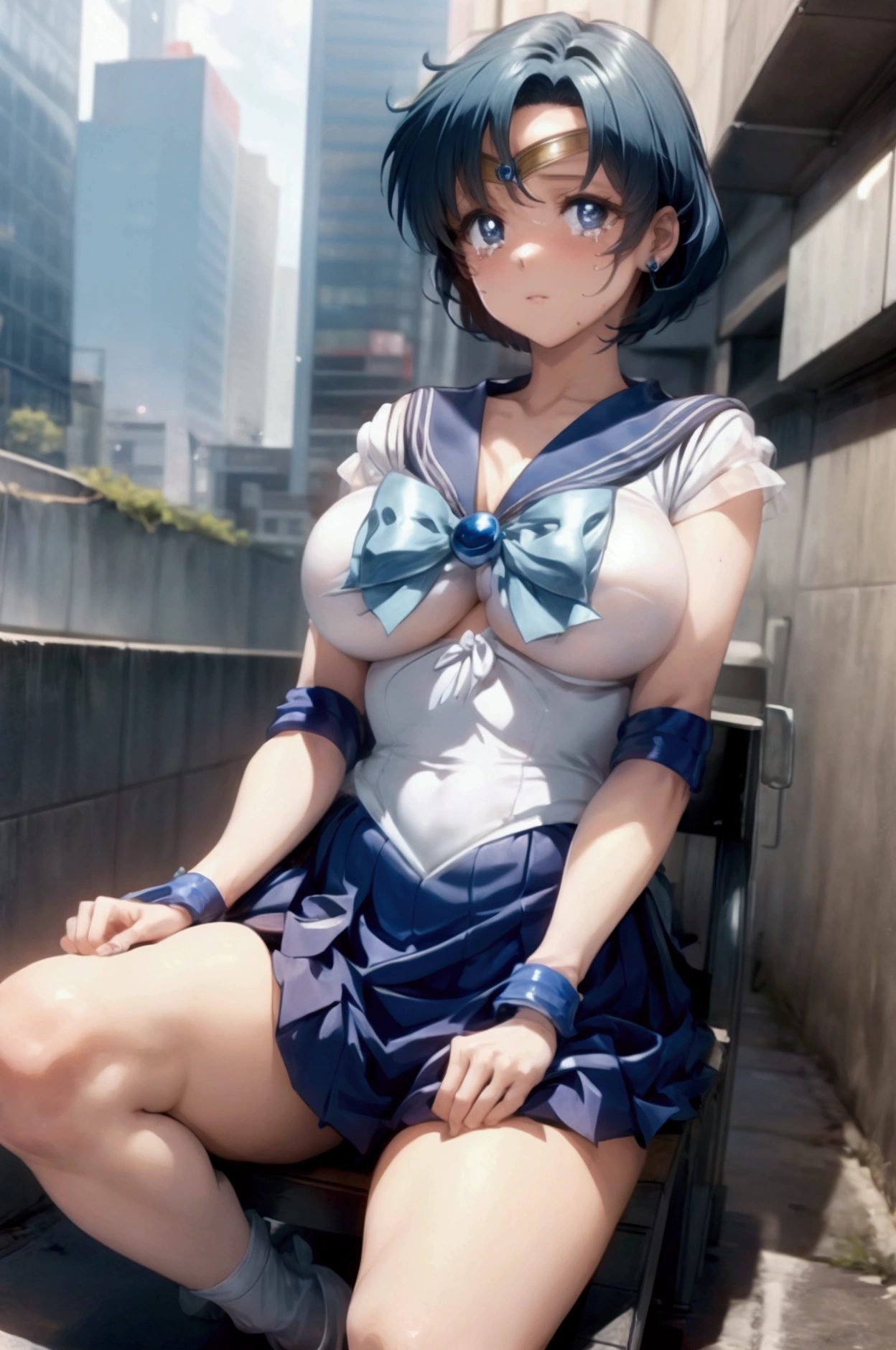 masterpiece, best quality, highres, absurdres, ultra detailed, pretty eyes, mer1, tiara, sailor senshi uniform, blue sailor collar, bow, knee boots, choker, white gloves, blue choker, elbow gloves, jewelry, earrings, blowing kiss, cowboy shot, night, outdoors, moon, smile, city, ((black biker shorts)), ((show cameltoe)), [nipples], (((thick))), (((blue hair))), huge ass, (((front view))), (huge breast)