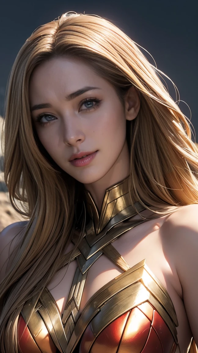 (Highest quality,4K,High resolution:1.2),Very detailed,(Realistic:1.37),Beautifully structured scenes,Dramatic lighting, Wonder Woman from a close-up shot in DC, Twisted space, twisted undead in the background,lens blur,Light Shaft, intricate and complex details, Volumetric lighting, 4K Rendering, Stock Photo, hyperRealistic texture, HDR lighting effects, Unreal Engine,SHY SMILE,Standing gracefully、Blonde long hair、Long hair that reaches down to the toes、Taking off their costume、Taking it off shyly