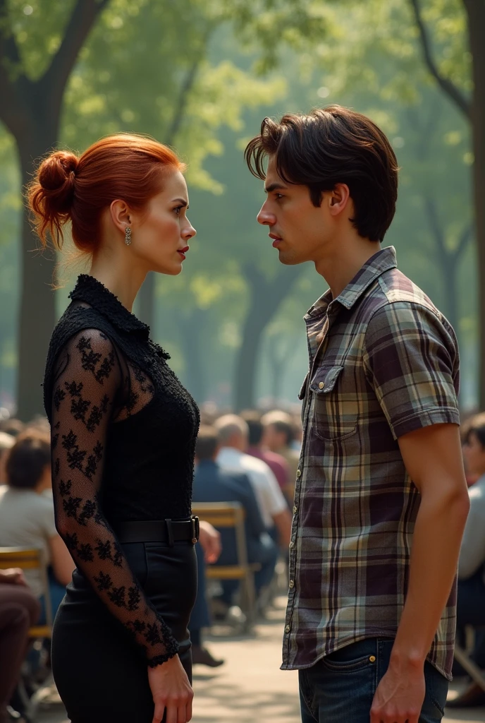 (best quality,4k,8k,highres,masterpiece:1.2),ultra-detailed,(realistic,photorealistic,photo-realistic:1.37),top-quality Male and female couples, Girl sitting on a chair wearing a tight jeans over a tank top, Boys hugging each other from behind, Boys wearing a suit, girl red hair, (male Leo, demi human), vivid colors, soft lighting, outdoor setting