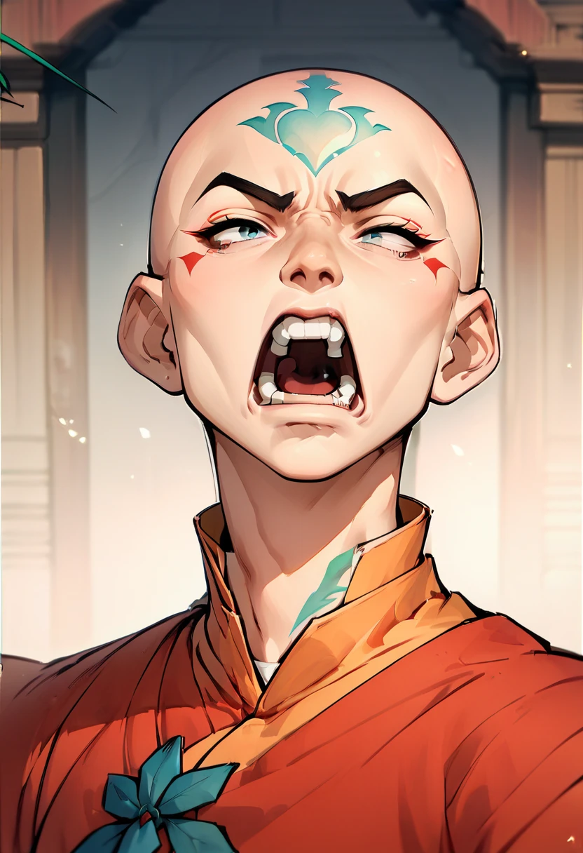 Avatar Aang, neck up portrait, bald, blue arrow tattoo, eyes tightly shut, yelling