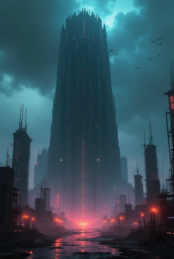 A gigantic dark tower looming ominously in a cyberpunk landscape, surrounded by dark zones of cyberspace, with network faults visibly sparking around it. The scene depicts a virtual city in the background, full of neon lights and futuristic architecture, casting an eerie glow. The atmosphere is tense and mysterious, with a sense of impending danger