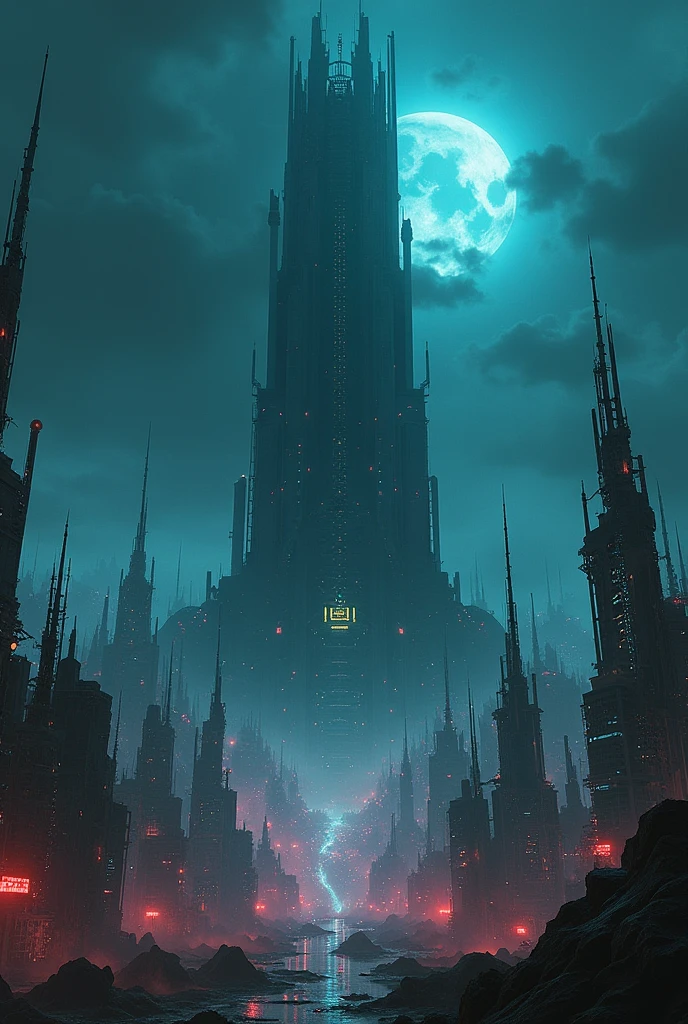 A gigantic dark tower looming ominously in a cyberpunk landscape, surrounded by dark zones of cyberspace, with network faults visibly sparking around it. The scene depicts a virtual city in the background, full of neon lights and futuristic architecture, casting an eerie glow. The atmosphere is tense and mysterious, with a sense of impending danger