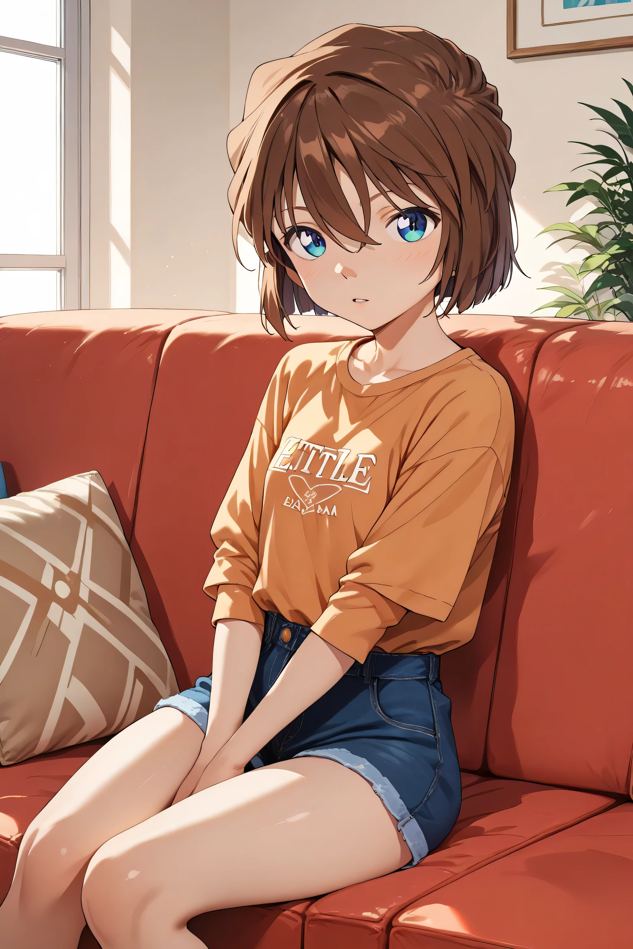 ,score_9,score_8_up,score_7_up,Haibara Ai,short hair,brown hair,blue eyes,hair between eyes,((( :1.5,little female:1.5, little female ))),sitting sofa,