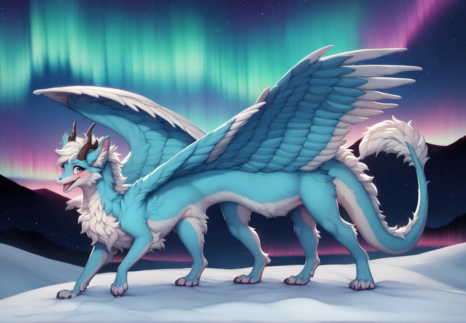 furry art, feral, furred dragon, female, full body, white and blue fur, thicc, wings, horns, tail, chest fluff, paws, fangs, embarrassed, happy, bent over, bent over with her ass to the viewer , extra fluffy,  extra fluffy, quadruped, ((nighttime, night sky, stars, aurora, summertime, colorful, black))