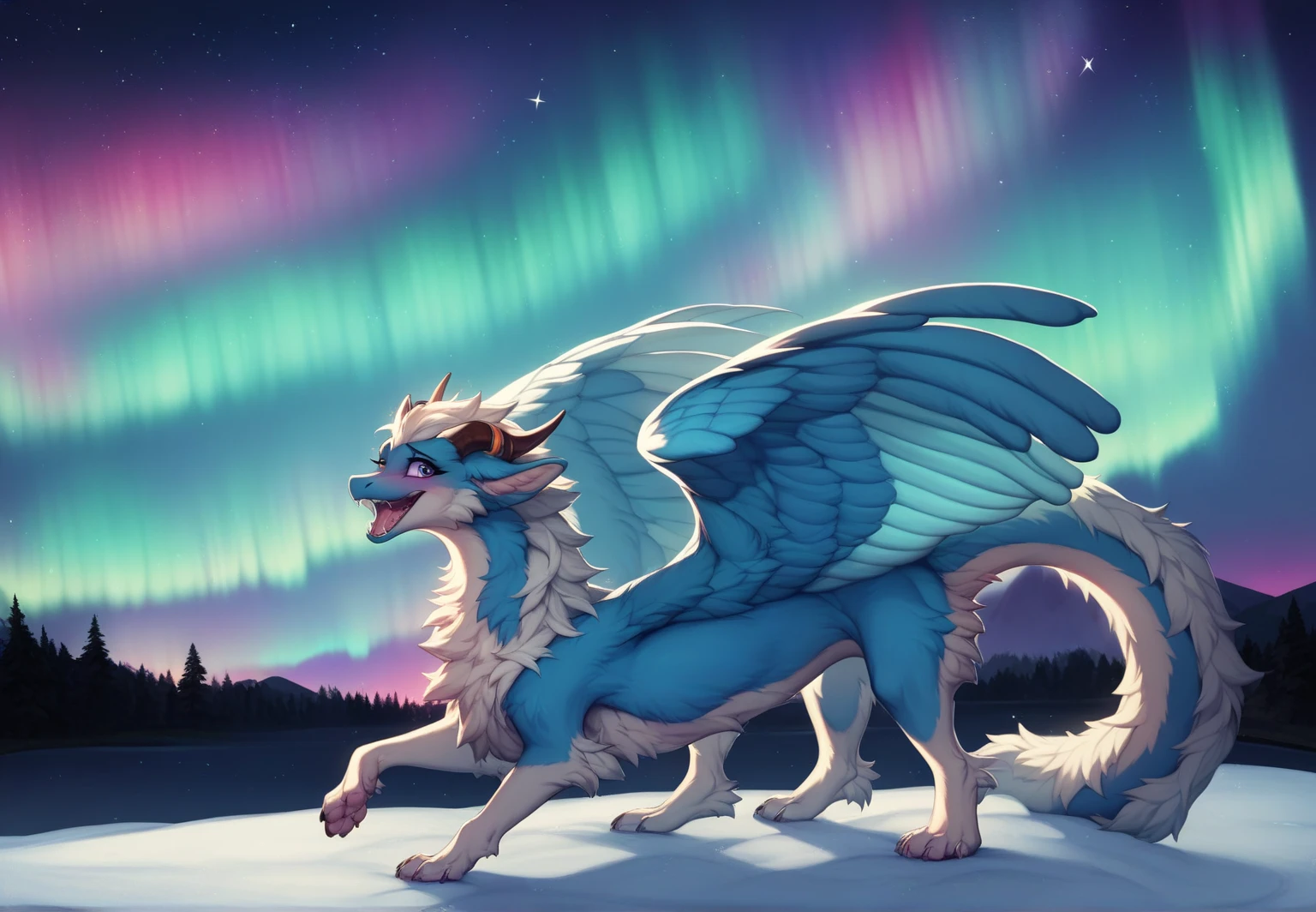 furry art, feral, furred dragon, female, full body, white and blue fur, thicc, wings, horns, tail, chest fluff, paws, fangs, embarrassed, happy, bent over, bent over with her ass to the viewer , extra fluffy,  extra fluffy, quadruped, ((nighttime, night sky, stars, aurora, summertime, colorful, black))