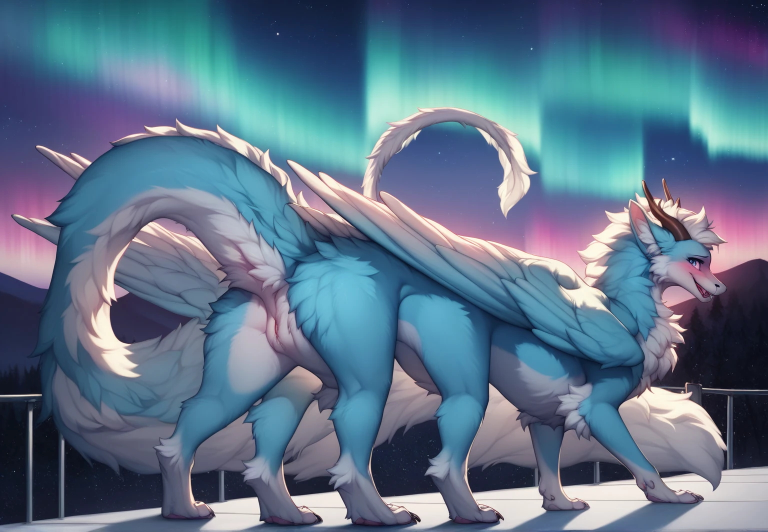 furry art, feral, furred dragon, female, full body, white and blue fur, thicc, wings, horns, tail, chest fluff, paws, fangs, embarrassed, happy, bent over, bent over with her ass to the viewer , extra fluffy,  extra fluffy, quadruped, ((nighttime, night sky, stars, aurora, summertime, colorful, black))