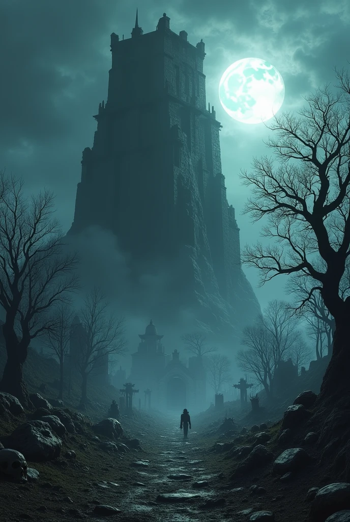 A colossal dark tower looming over a desolate landscape, surrounded by eerie fog, with a town in ruins known as the Town of the Dead. In the foreground, a graveyard filled with monstrous creatures and skeletal remains under a haunting moonlight. The atmosphere is filled with a sense of dread and mystery, with twisted trees and shadowy figures lurking in the background