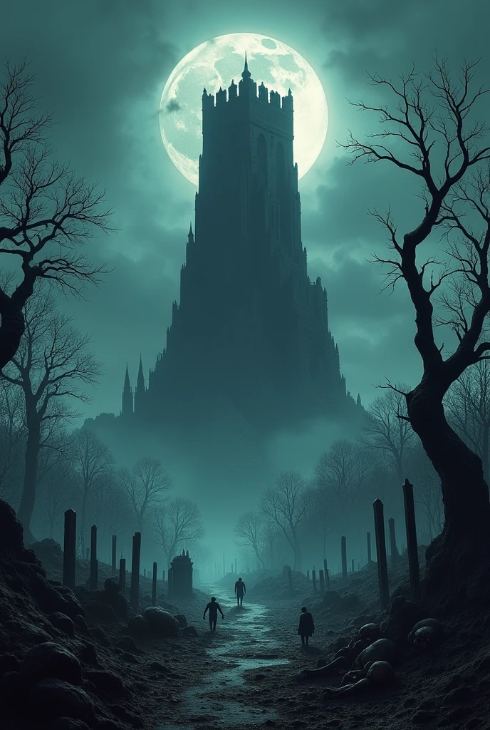 A colossal dark tower looming over a desolate landscape, surrounded by eerie fog, with a town in ruins known as the Town of the Dead. In the foreground, a graveyard filled with monstrous creatures and skeletal remains under a haunting moonlight. The atmosphere is filled with a sense of dread and mystery, with twisted trees and shadowy figures lurking in the background