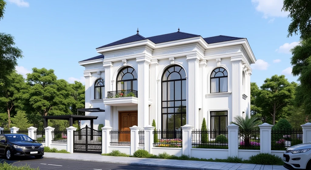 masterpiece, (photorealistic:1.2), best quality, ultra high res, exterior,architechture,modern house,white wall, glass windows,,trees,traffic road,design,trees around, blue sky,in the style of realistic hyper-detailed rendering, 32k uhd, Small Two stories Modern Neoclassicism villa, in the style of neoclassical scenes, white, (dark navy roof:1.2), daylight, decorative art nouveau, les nabis, masterpiece,ultra realistic,32k,extremely detailed CG unity 8k wallpaper, best quality