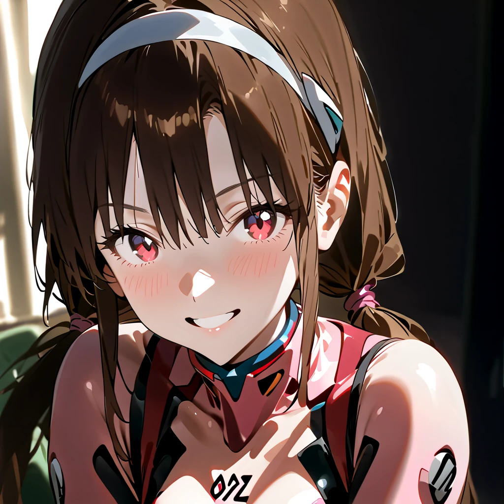         top quality,         top quality,           High Quality Images        ,     masterpiece  ,               super high resolution        ,              detailed background    ,              absurd,            Perfect Anatomy     ,     ,       good lighting      ,           Photo Gallery    ,            Neon Genesis Evangelion  、 Makinami Mari Illustrious、 、 long hair、 brown hair 、 Twin Tails 、（低い Twin Tails ：1.5）、 headband、青い headband、 blue eyes、（Split Bangs ：1.5） 、 pink plug suit  、、smile、