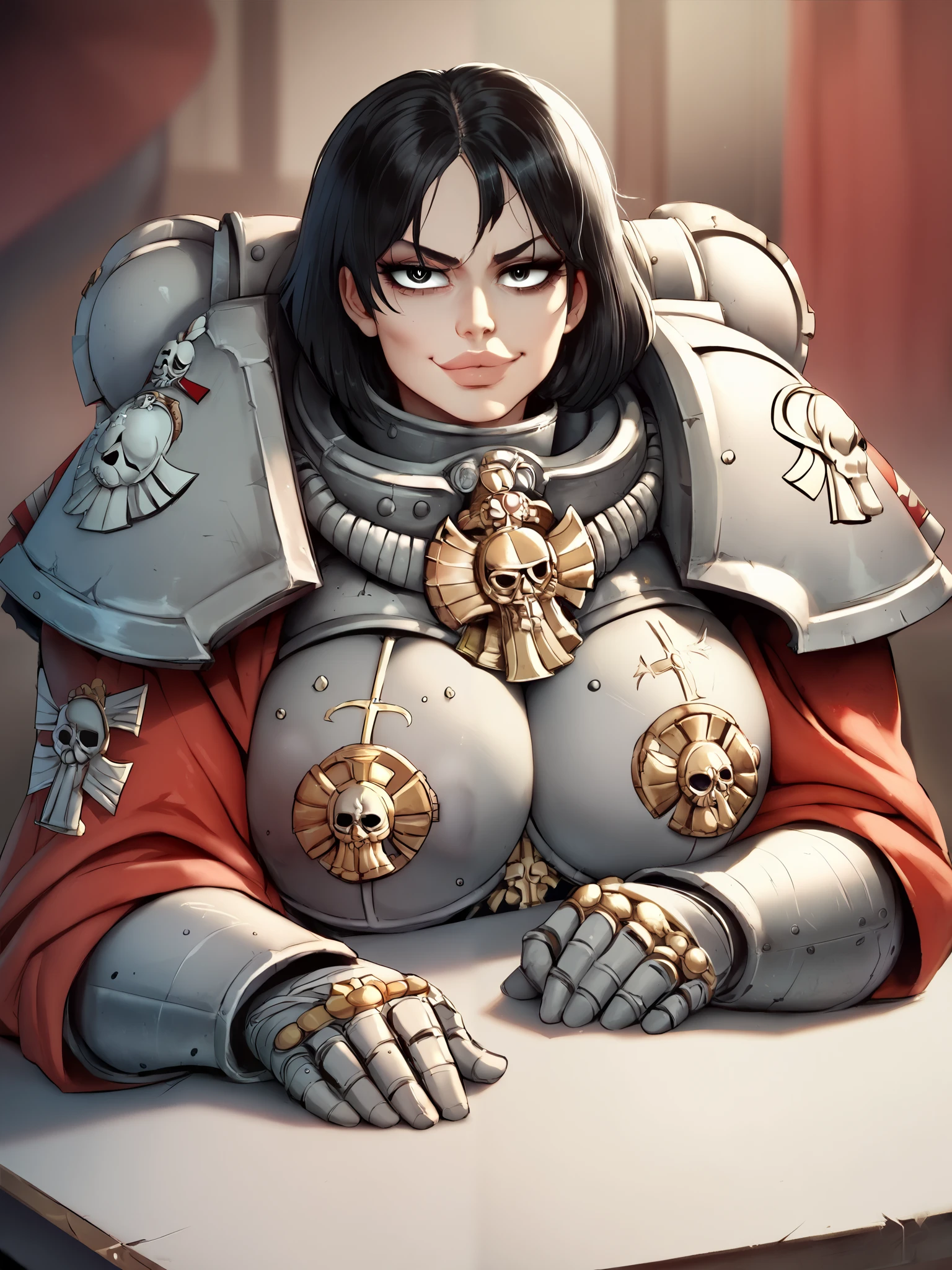 source_anime,  Warhammer 40k Sisters of battle/sororitas, white black hair, sister of battle order of the sacred rose,
1girl, big lips, solo, beautiful eyes, detailed face, sitting at restaurant table, wearing Sisters of battle/sororitas armor,  huge breasts, breasts on table, thickthighs under the table, legsspread, legsopen, , teasing, flashing, smug, chin_rest, facing viewer, looking at viewer