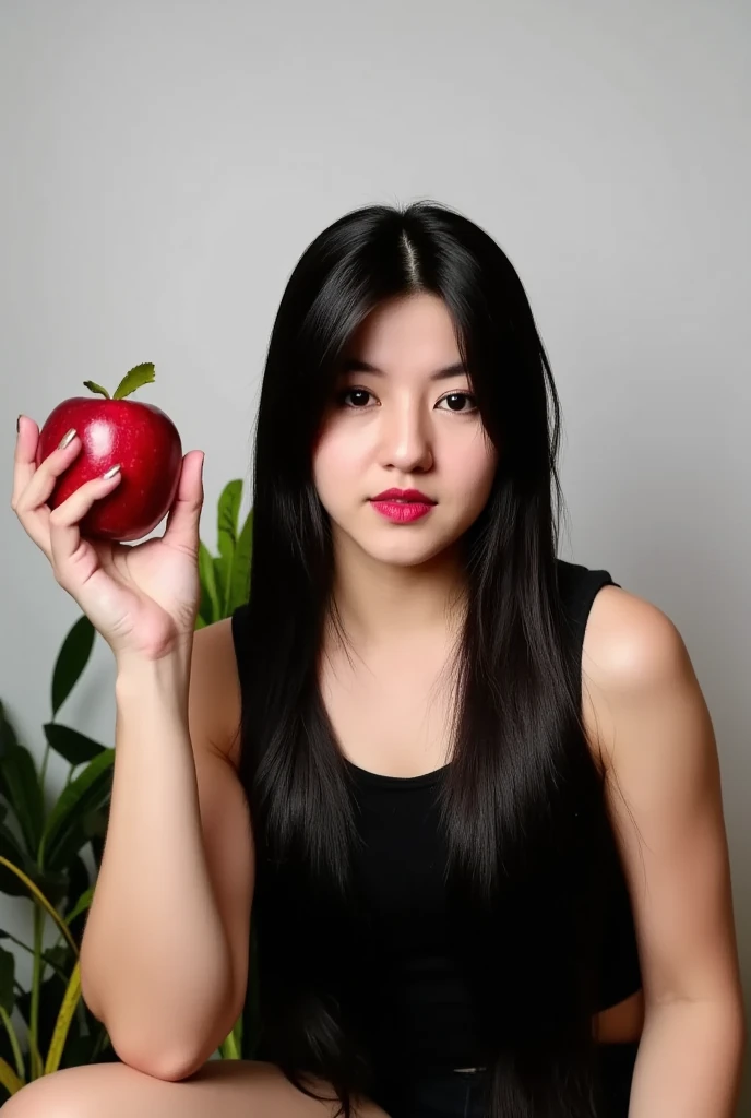 ((RAW Photo), absurd, (absurdresolution)), masterpiece, best quality, (Extremely detailed 8k unity CG wallpaper), (best illustration), (best shadow), Realistic lighting, beautiful detailed glow, ((21 years old)), girl, long black hair, black queen, accessories, apple in hand, poisoned apples, witch queen, red lipstick, (((Photographic Perspective of her)))