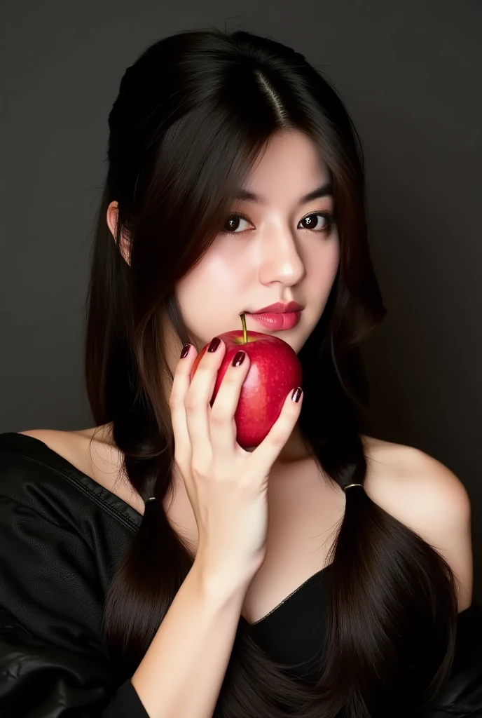 ((RAW Photo), absurd, (absurdresolution)), masterpiece, best quality, (Extremely detailed 8k unity CG wallpaper), (best illustration), (best shadow), Realistic lighting, beautiful detailed glow, ((21 years old)), girl, long black hair, black queen, accessories, apple in hand, poisoned apples, witch queen, red lipstick, (((Photographic Perspective of her)))