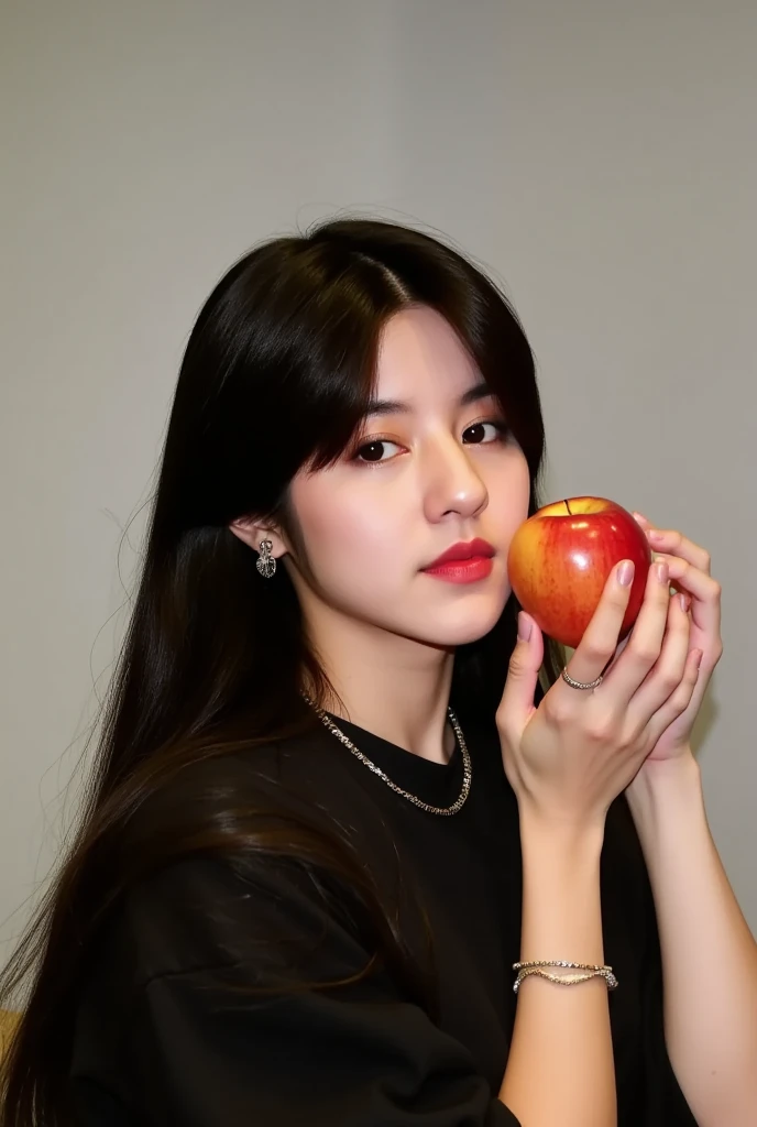 ((RAW Photo), absurd, (absurdresolution)), masterpiece, best quality, (Extremely detailed 8k unity CG wallpaper), (best illustration), (best shadow), Realistic lighting, beautiful detailed glow, ((21 years old)), girl, long black hair, black queen, accessories, apple in hand, poisoned apples, witch queen, red lipstick, (((Photographic Perspective of her)))