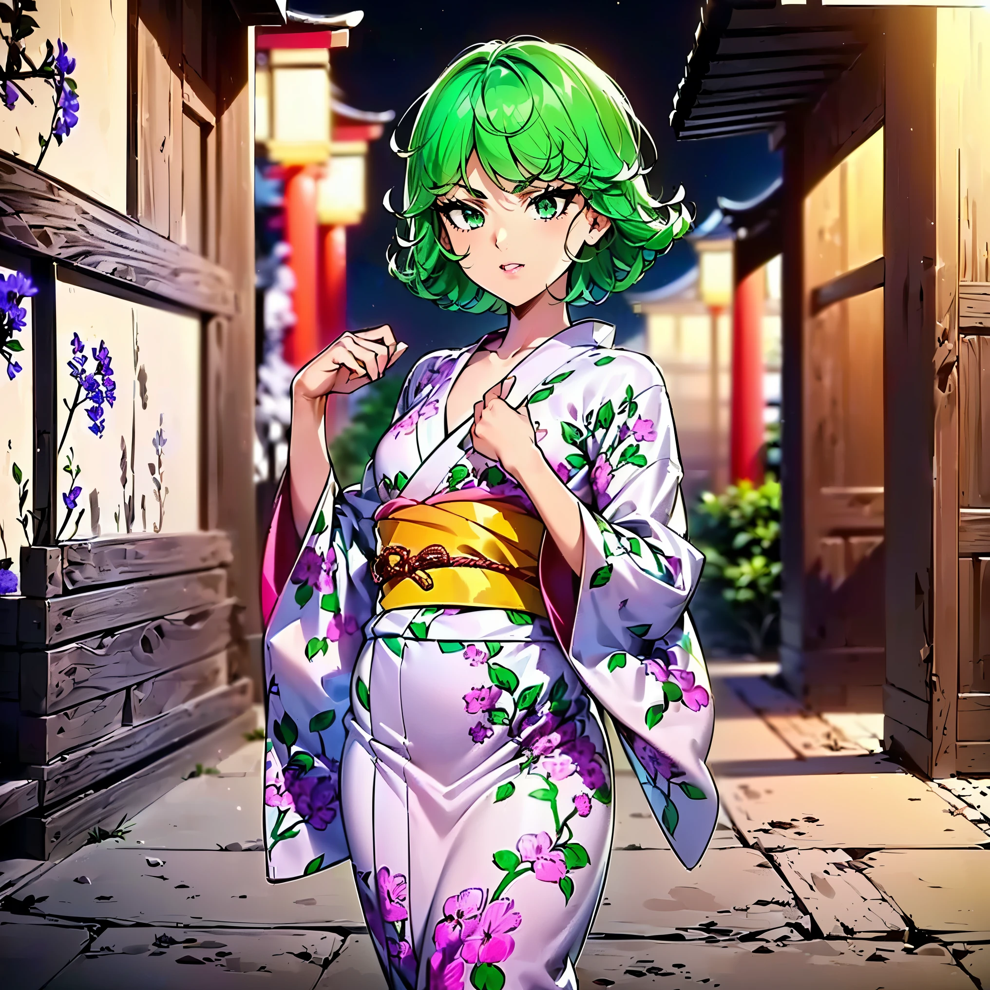 ((1 Girl,  unique  , unique , tornado,   green hair ,  Green Eyes , Small chest, Small chest, Short hair, healthy, Short stature, Small chest部)), (( unique , 1woman, Pink lipstick,   extremely detailed ,  ambient soft lighting, 4K, Perfect eyes,  perfect face , Perfect lighting, a 1 Girl)), Simple , ((healthy, , Well-proportioned body, Athletic body,  fit body )) ,  (( kimono, yukata, Japanese Garden, Japanese Temples, forest, Torii, Trees,  city on background , cloud, printed  kimono, jacaranda Trees, night, neckline, Rift))