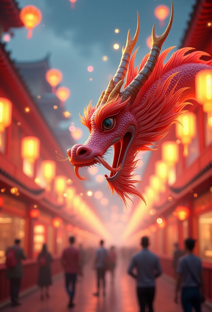 chinese style elements，Strong dragon image,The dragon is praying，Soaring Sky, There are colorful lights everywhere, They were delighted, (High Contrast), (Fantasy World Era), people々is having fun shopping, The atmosphere of the Spring Festival, (Ray Tracing, Global Illumination), (masterpiece:1.4), (Vibrant:1.2), Cinematic, Complex，Rich in details, (Ultra Detailed CG Unity 8k Wallpaper)