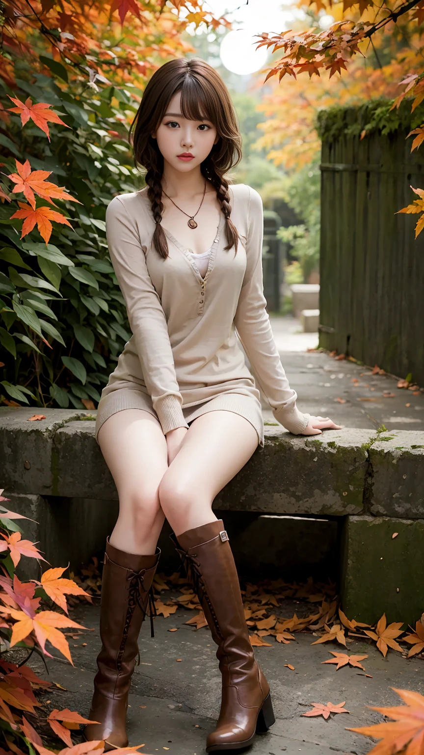 Pussy、Fujita:、8K resolution, Ultra-high-definition CG images, Autumn leaves at night🍁, Moonlight, Long Focus, 1girl in, 20yr old, detailed beautiful faces, (bangs braid, bronze:1.4), (stop hair:1.4), (Autumn coordination), a miniskirt, long boots, variation color, Pointed chest, Beautiful chest line, Pendants, Detailed beautiful eyes, bright red autumn leaves, Maple tunnel, depth of fields, absurderes, 24K Graphic Arts, Carefully drawn background, Composition with depth,