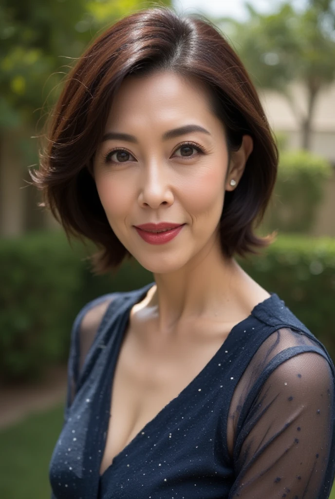 Mature Woman, ( detailed description of hair ), (Detailed description of the face), (Detailed description of the body), high definition , masterpiece,  top quality,  High Details, formal: 1.4), ( realistic : 1.2, 超 realistic な: 1.1,  realistic: 1.37), ( sharp focus: 1.4),  is written by,  physically-based rendering,asymmetrical hair ,  unrivaled beauty , (Ultimate beauty), (lipstick:1.1), ( eyeliner :1.2), ( mascara), ( Eye Shadow ), (48 years old,: 1.4), Japanese、 closeup 、 fine lines of laughter :1.2、seductive smile,(navy blue x polka dot dress)、(old western-style garden background )