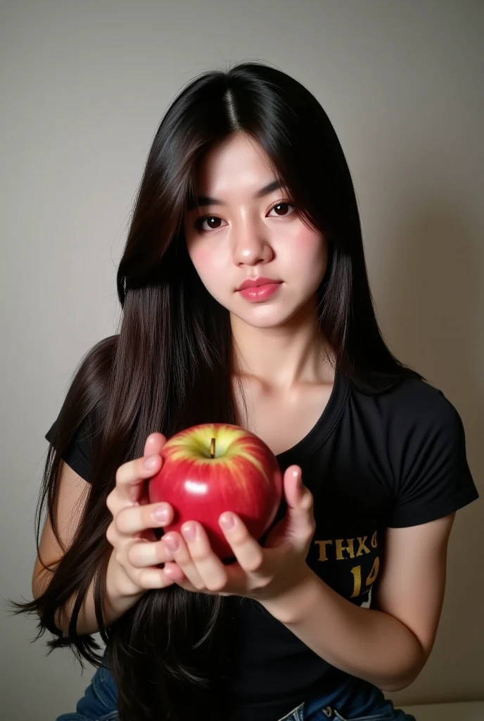 ((RAW Photo), absurd, (absurdresolution)), masterpiece, best quality, (Extremely detailed 8k unity CG wallpaper), (best illustration), (best shadow), Realistic lighting, beautiful detailed glow, ((21 years old)), girl, long black hair, black queen, accessories, apple in hand, poisoned apples, witch queen, red lipstick, (((Photographic Perspective of her)))