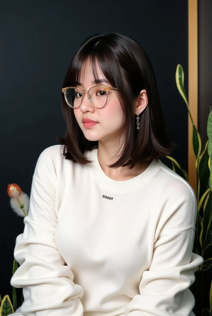 Top Quality, Masterpiece, Ultra High Definition, (Photorealistic: 1.4), (Look Off: 1.4), (Look Off: 1.4), No Look at Camera, Raw Photo, One Girl, Dark Hair, (Straight Bobs: 1.4), (Patsun: 1.4), Bangs, Glasses, Smile, Glossy Skin, Dramatic Lighting, Neat, T-Shirt, White Summer Sweater, (Big: 0.9), parks