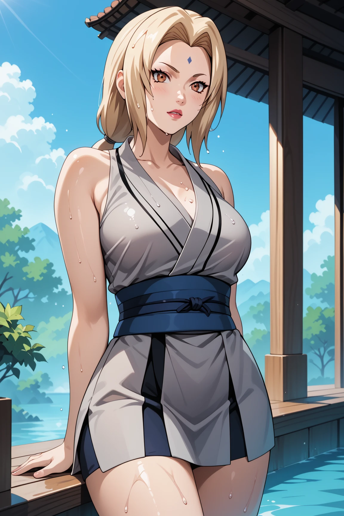 Masterpiece, extremely detailed,4k ,2D ultra graphic,anime ,solo,1girl ,stand up,tsunade,stand up,full body,beauty face,large breasts ,grey kimono,wet,sleeveless,sash,blue slimfit panta,body goals,slim body,slim models body,straddle,arms behind back,looking at viewers,front looks,plain white ba ckground