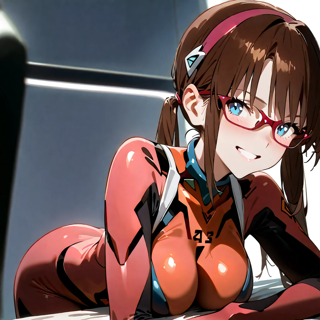         top quality,         top quality,           High Quality Images        ,     masterpiece  ,               super high resolution        ,              detailed background    ,              absurd,            Perfect Anatomy     ,     ,       good lighting      ,           Photo Gallery    ,   white background 、          Neon Genesis Evangelion  、 Makinami Mari Illustrious、 、 long hair、 brown hair 、 Twin Tails 、（低い Twin Tails ：1.5）、 headband、青い headband、 blue eyes、Glasses（Split Bangs ：1.5） 、 pink plug suit  、、smile、