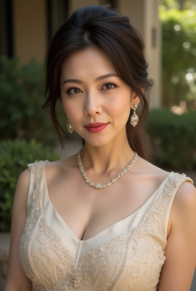 Mature Woman, ( detailed description of hair ), (Detailed description of the face), (Detailed description of the body), high definition , masterpiece,  top quality,  High Details, formal: 1.4), ( realistic : 1.2, 超 realistic な: 1.1,  realistic: 1.37), ( sharp focus: 1.4),  is written by,  physically-based rendering,asymmetrical hair ,  unrivaled beauty , (Ultimate beauty), (lipstick:1.1), ( eyeliner :1.2), ( mascara), ( Eye Shadow ), (48 years old,: 1.4), Japanese、 closeup 、 fine lines of laughter :1.2、seductive smile,(Ivory and embroidered detail dress)、(old western-style garden background )