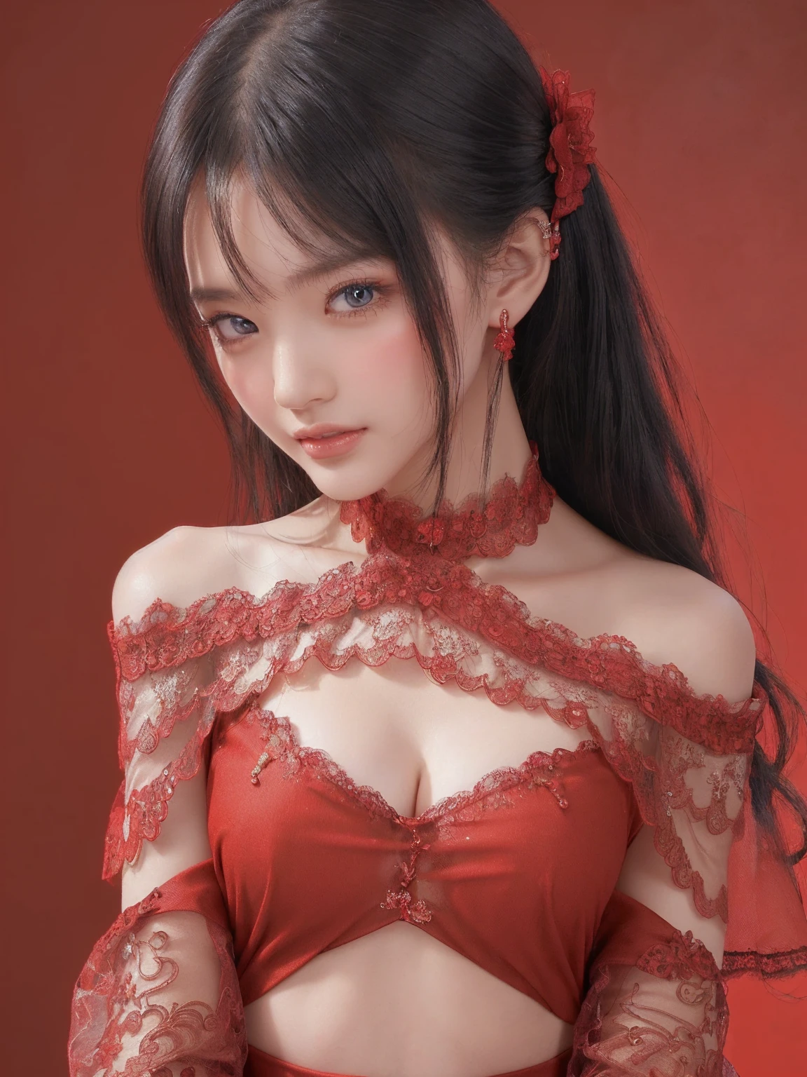 (( top quality)),( super high resolution ),( very detailed bust),( Detailed explanation ),(( best CG )),(masterpiece), Ultra Detailed Art 、(((See-Through 2.0、 off shoulder 、Lace pattern))) clevis on a stone、(((  red background 、Be sure to look at the camera)))