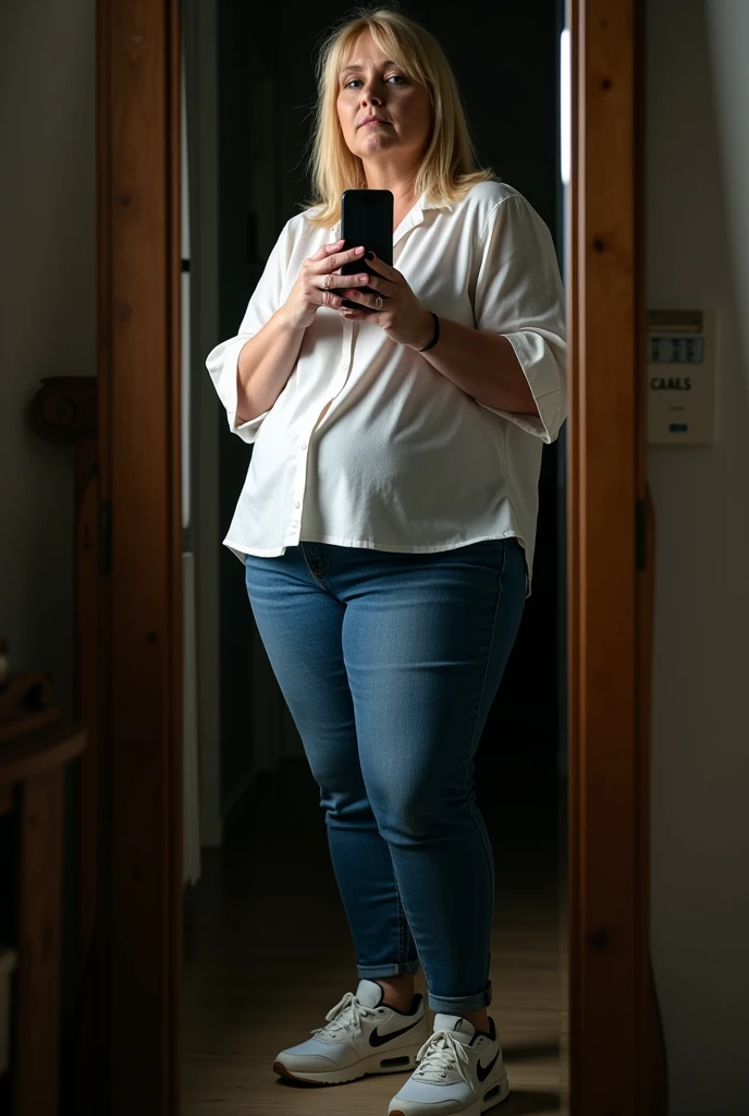 Highly detailed CG Unity 8k wallpaper, masterpiece, realistic, ((1girl)), (A beautiful strong 45 year old Norwegian woman Sofie Hansen with blonde hair tied up as a ponytail and mature look, shocked angry expression screaming with mouth open staring at the screen of her iphone:1.2, wearing a wool sweater and tight jeans), ((perfect big breasts)), (female IFBB physique, muscular thighs), (living room)