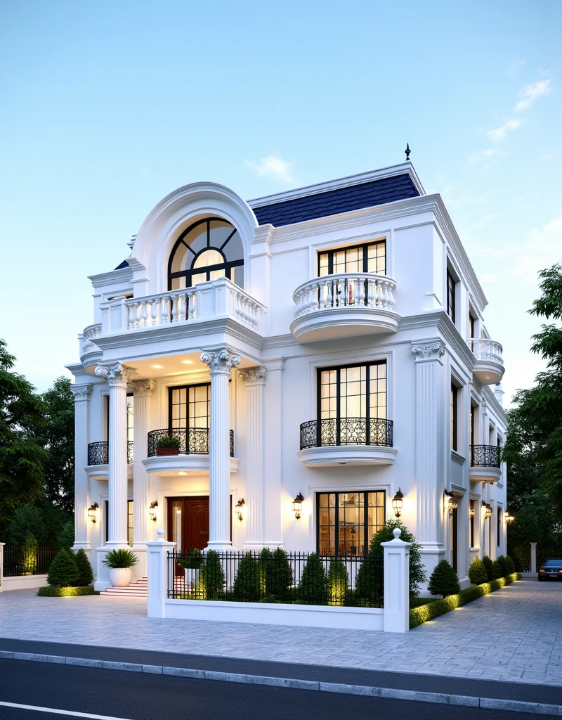 masterpiece, (photorealistic:1.2), best quality, ultra high res, exterior,architechture,modern house,white wall, glass windows,,trees,traffic road,design,trees around, blue sky,in the style of realistic hyper-detailed rendering, 32k uhd, Small Two stories Modern Neoclassicism villa, in the style of neoclassical scenes, white, (dark navy roof:1.2), daylight, decorative art nouveau, les nabis, masterpiece,ultra realistic,32k,extremely detailed CG unity 8k wallpaper, best quality