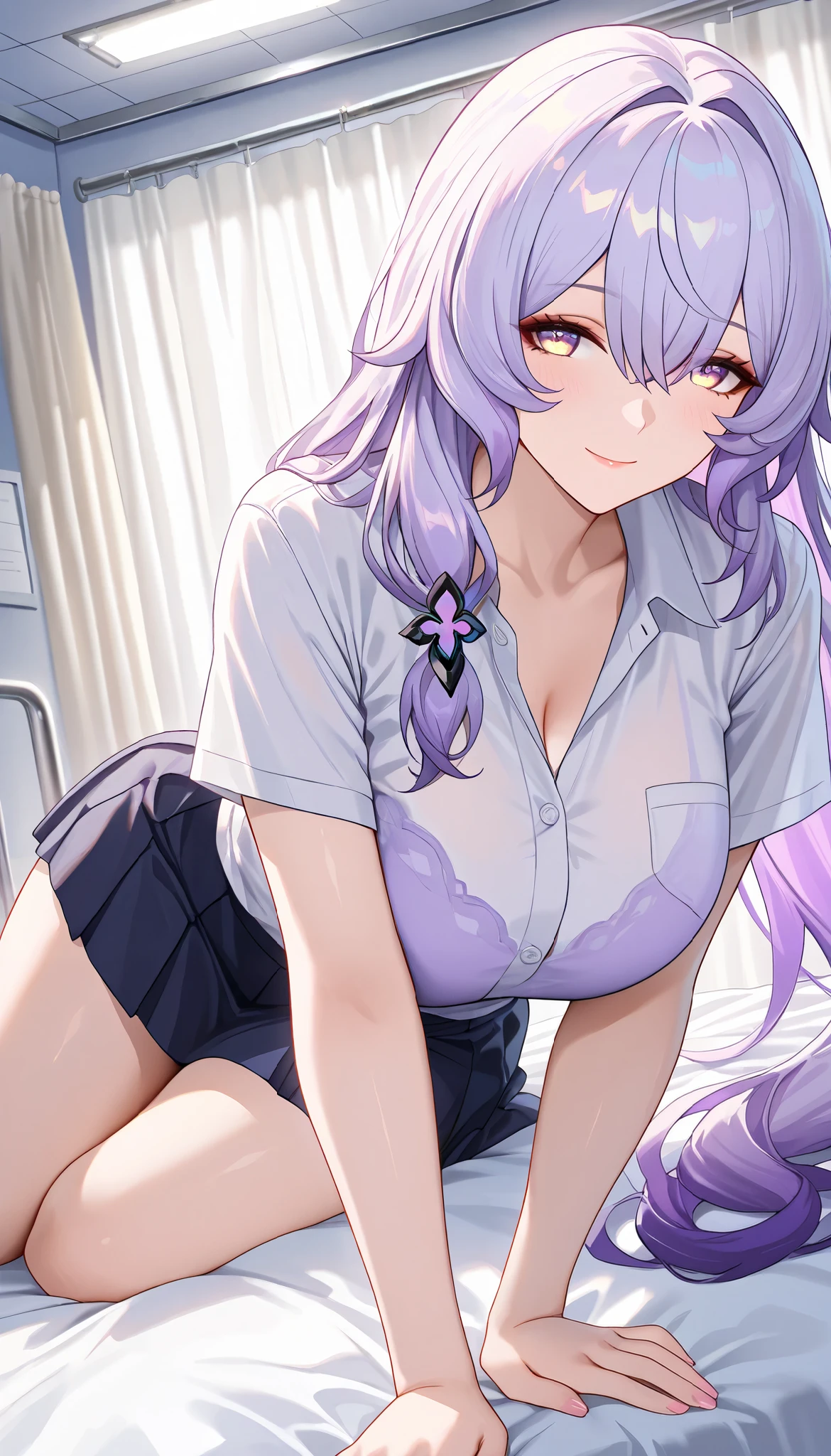 ultra-detailed,(best quality),((masterpiece)),(highres),original,extremely, 1girl, black swan,honkai star rail,beautiful lady, milf, beautiful woman, beautiful body, mature,sexy, mother, yellow eyes, purple hair, large breasts, blush,closed mouth,kind smile, happy, multicolored hair, long hair, school uniform , School Infirmary,on the bed, laying on the bed,bere naval,