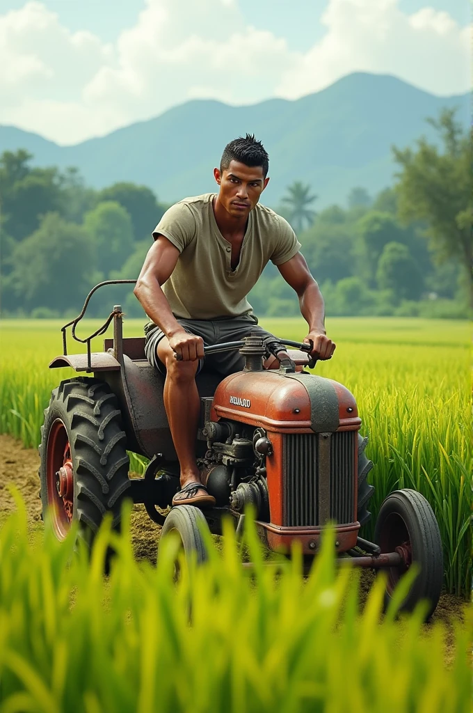 Real photo style、Realistic、Cute handsome man、Idol face、、Japanese、Slim body、Mash Hair、Completely naked、Full nudity、Riding a lawnmower in a rice field、Naked