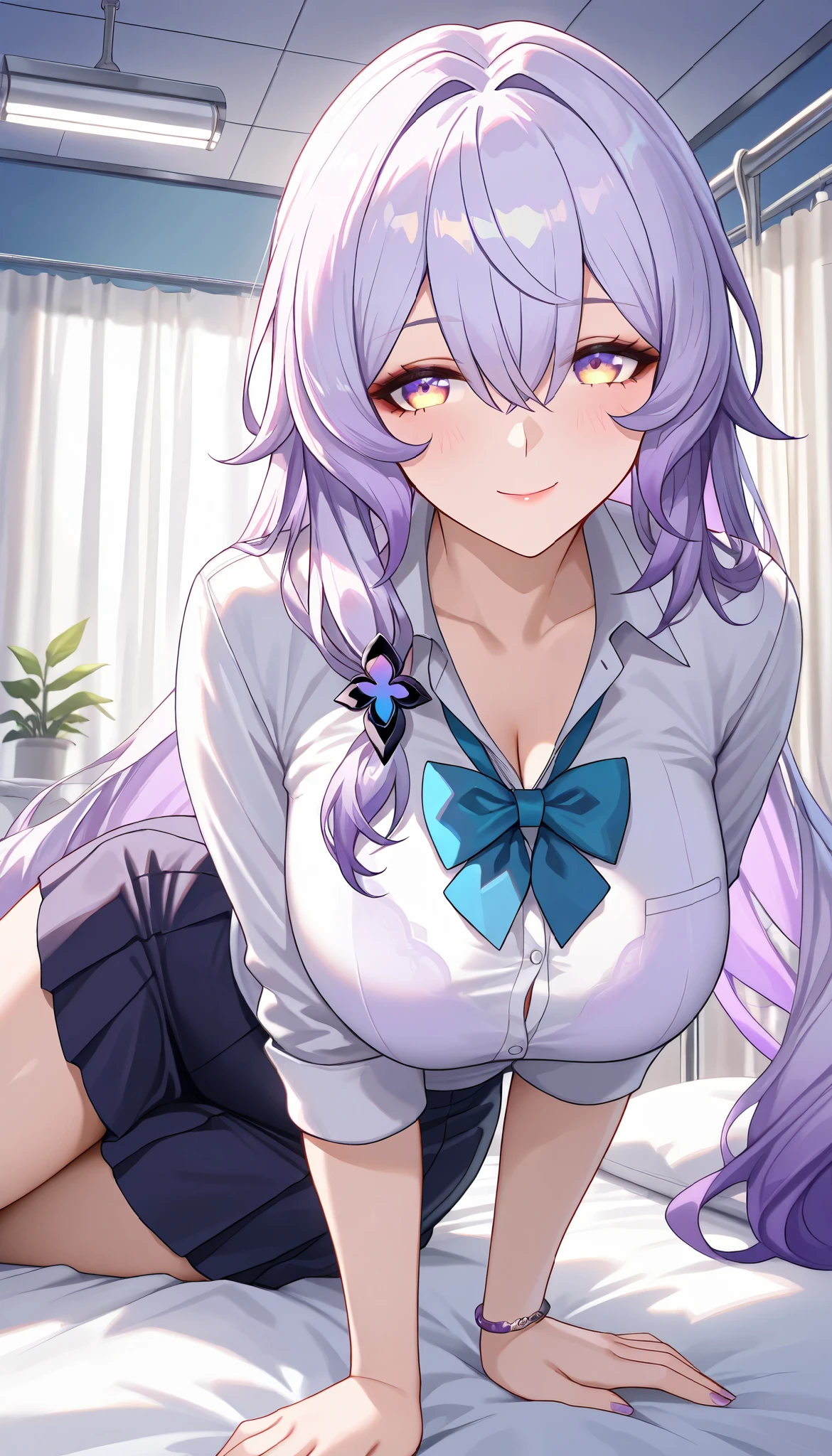 ultra-detailed,(best quality),((masterpiece)),(highres),original,extremely, 1girl, black swan,honkai star rail,beautiful lady, milf, beautiful woman, beautiful body, mature,sexy, mother, yellow eyes, purple hair, large breasts, blush,closed mouth,kind smile, happy, multicolored hair, long hair, school uniform , School Infirmary,on the bed, laying on the bed,bere naval,