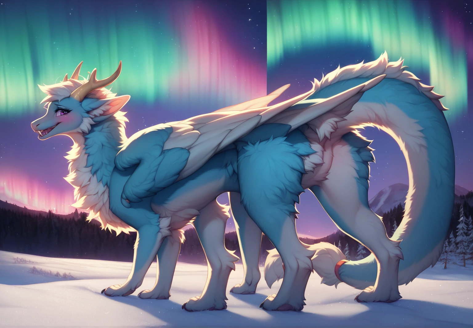 furry art, feral, furred dragon, female, full body, white and blue fur, thicc, wings, horns, tail, chest fluff, paws, fangs,  ton back, close up, embarrassed, happy, bent over, bent over with her ass to the viewer , extra fluffy,  extra fluffy, quadruped, ((nighttime, night sky, stars, aurora, summertime, colorful, black))