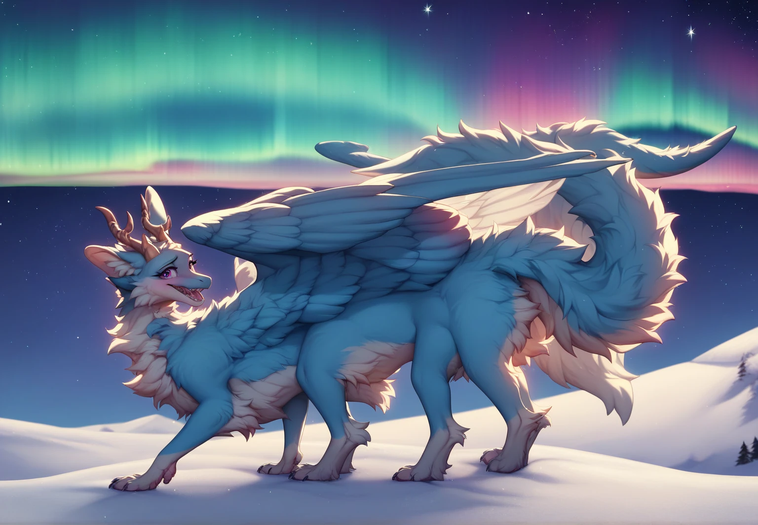 furry art, feral, furred dragon, female, full body, white and blue fur, thicc, wings, horns, tail, chest fluff, paws, fangs,  ton back, close up, embarrassed, happy, bent over, bent over with her ass to the viewer , extra fluffy,  extra fluffy, quadruped, ((nighttime, night sky, stars, aurora, summertime, colorful, black))