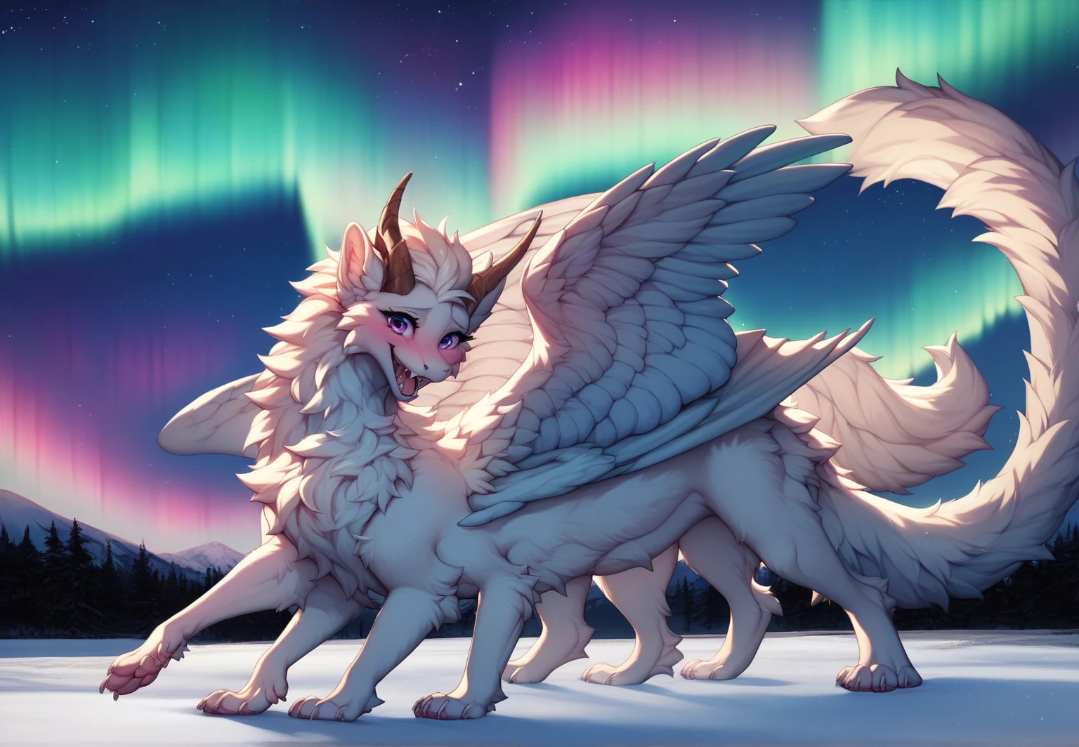 furry art, feral, furred dragon, female, full body, white and blue fur, thicc, wings, horns, tail, chest fluff, paws, fangs,  ton back, close up, embarrassed, happy, bent over, bent over with her ass to the viewer , extra fluffy,  extra fluffy, quadruped, ((nighttime, night sky, stars, aurora, summertime, colorful, black))