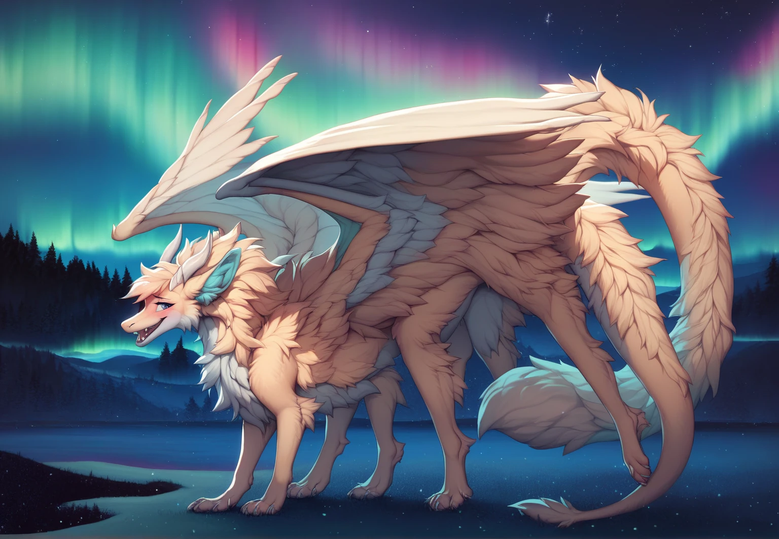 furry art, feral, furred dragon, female, full body, white and blue fur, thicc, wings, horns, tail, chest fluff, paws, fangs,  ton back, close up, embarrassed, happy, bent over, bent over with her ass to the viewer , extra fluffy,  extra fluffy, quadruped, ((nighttime, night sky, stars, aurora, summertime, colorful, black))