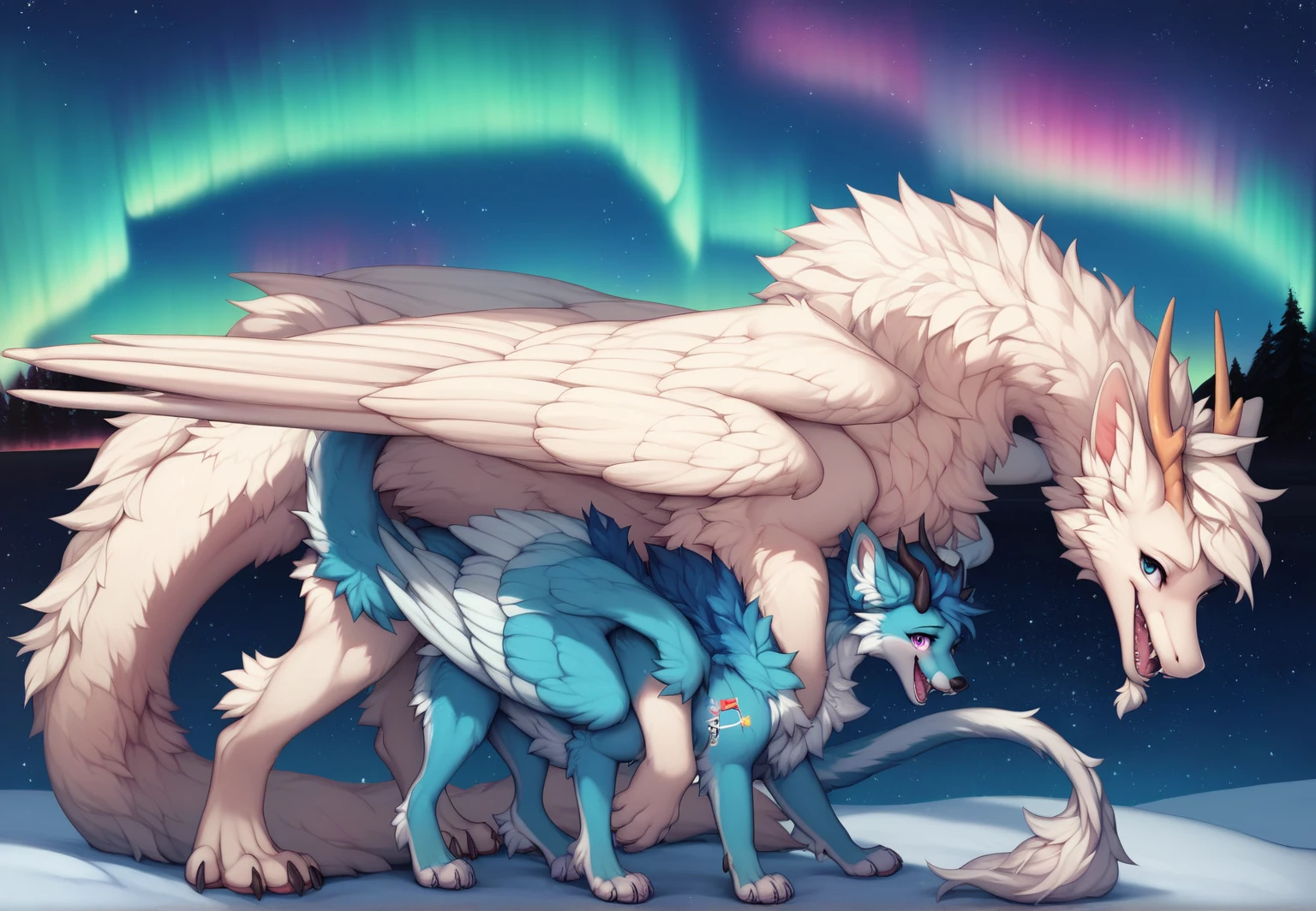 furry art, feral, furred dragon, female, full body, white and blue fur, thicc, wings, horns, tail, chest fluff, paws, fangs,  ton back, close up, embarrassed, happy, bent over, bent over with her ass to the viewer , extra fluffy,  extra fluffy, quadruped, ((nighttime, night sky, stars, aurora, summertime, colorful, black))