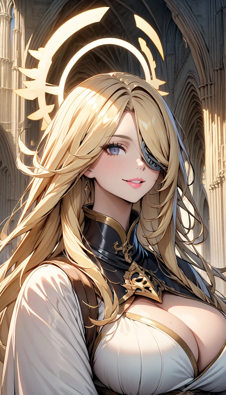 slender, mature female,1girl, blond_hair, breasts, rating:safe, detached_sleeves, solo, cleavage, large_breasts, bare_shoulders, yellow_eyes, lips, looking_at_viewer, long_hair, detached_collar, parted_lips, sash