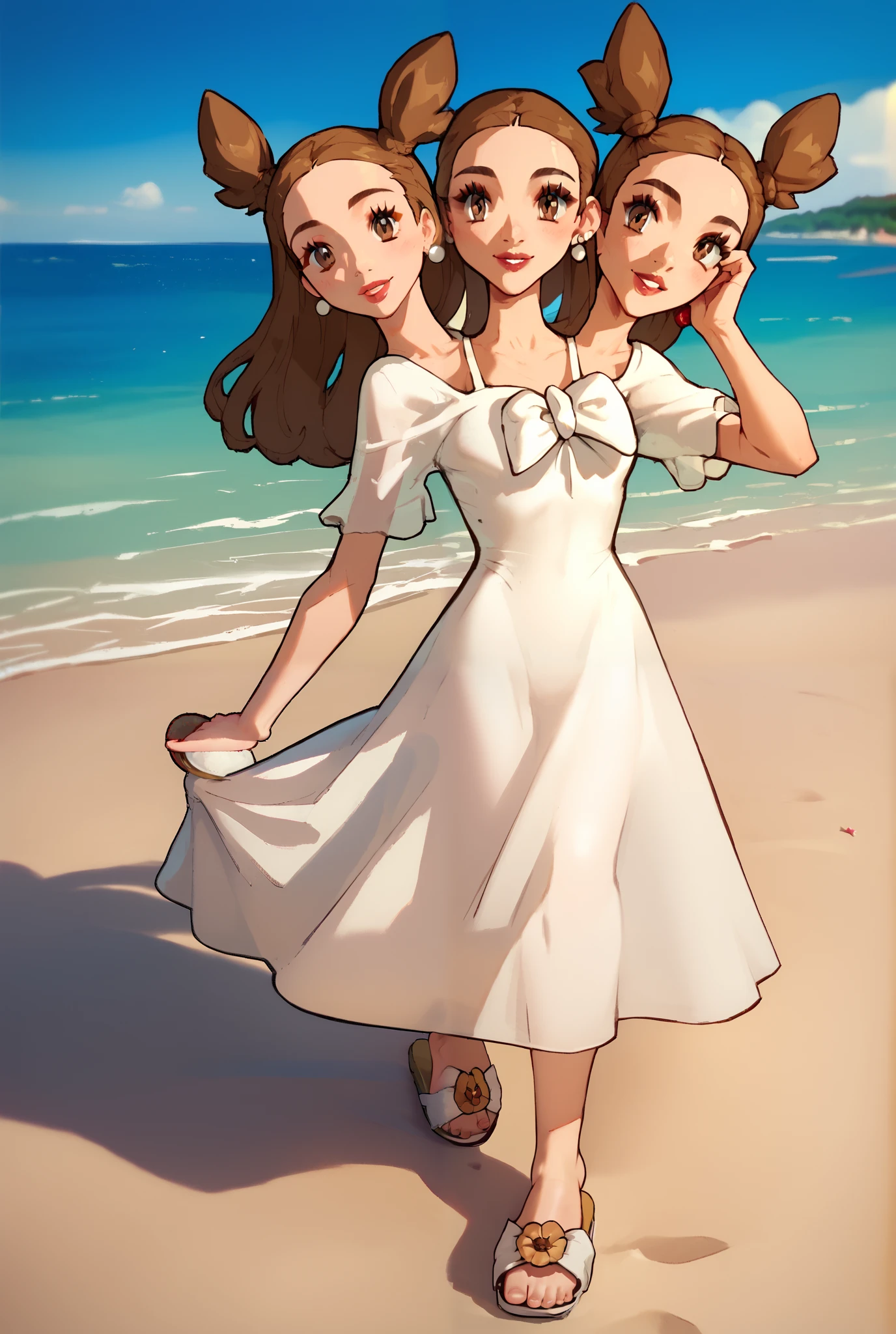 Conjoined, two heads, score_9, score_8_up, score_7_up,  EPpkJasmine,, brown eyes, brown hair, brown pigtails, light skin,, dress, white dress, no makeup, small earrings, jewelry, white dress slippers, looking at viewer, beach,