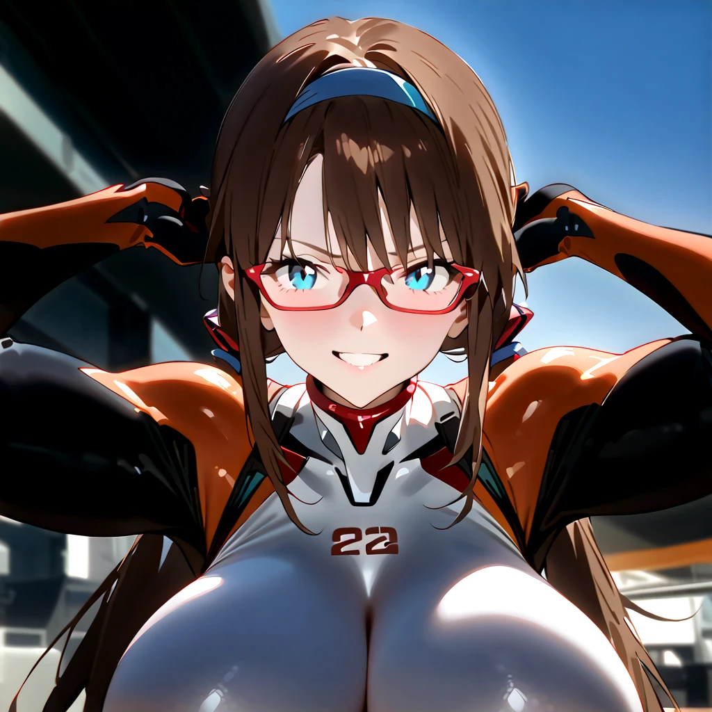         top quality,         top quality,           High Quality Images        ,     masterpiece  ,               super high resolution        ,              detailed background    ,              absurd,            Perfect Anatomy     ,     ,       good lighting      ,           Photo Gallery    ,   white background 、          Neon Genesis Evangelion  、 Makinami Mari Illustrious、 、 long hair、 brown hair 、 Twin Tails 、（低い Twin Tails ：1.5）、 headband、青い headband、 blue eyes、Glasses（Split Bangs ：1.5） 、White plug suit 、、smile、 very huge breasts