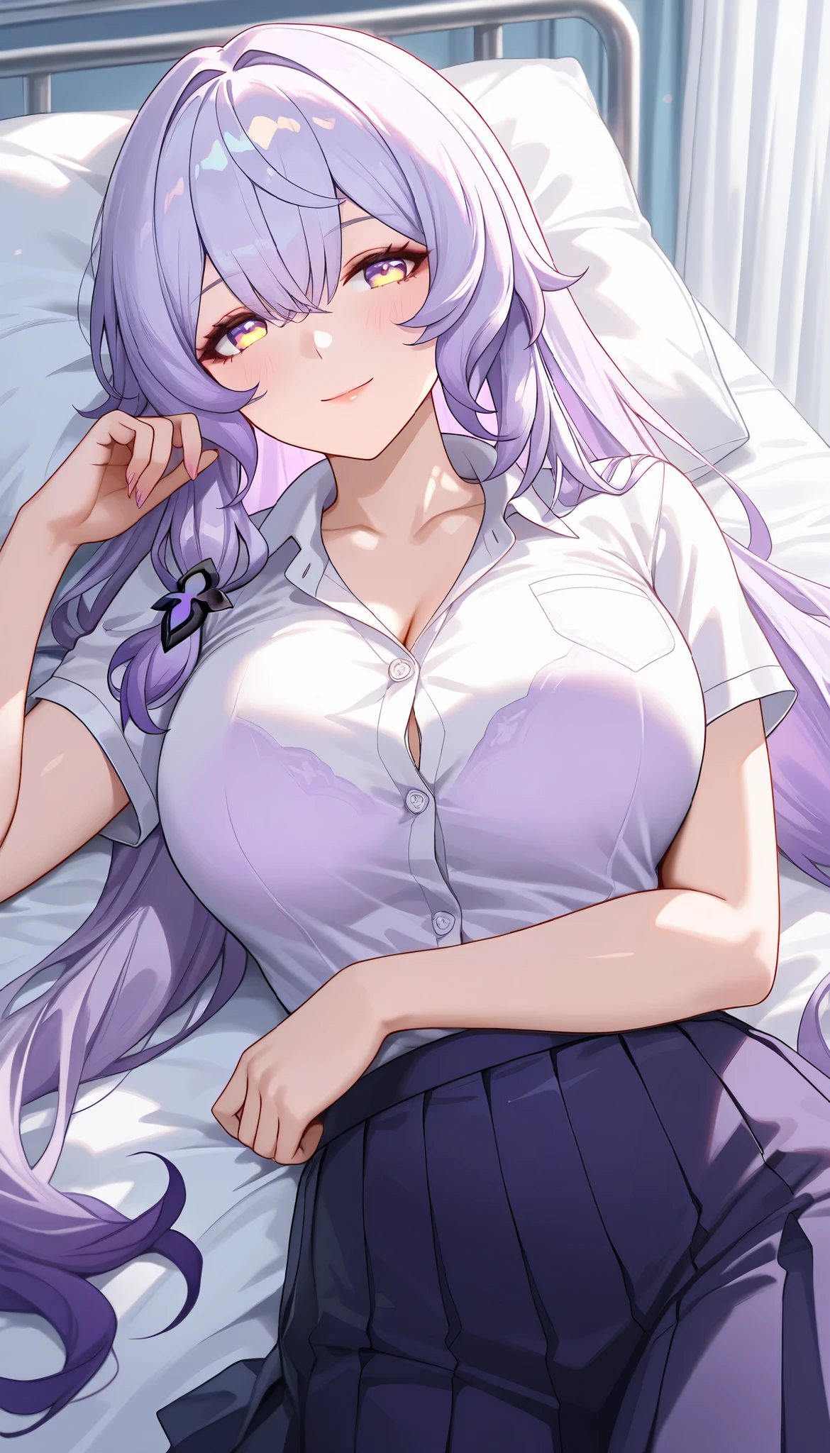 ultra-detailed,(best quality),((masterpiece)),(highres),original,extremely, 1girl, black swan,honkai star rail,beautiful lady, milf, beautiful woman, beautiful body, mature,sexy, mother, yellow eyes, purple hair, large breasts, blush,closed mouth,kind smile, happy, multicolored hair, long hair, school uniform , School Infirmary,on the bed, laying on the bed,bere naval,