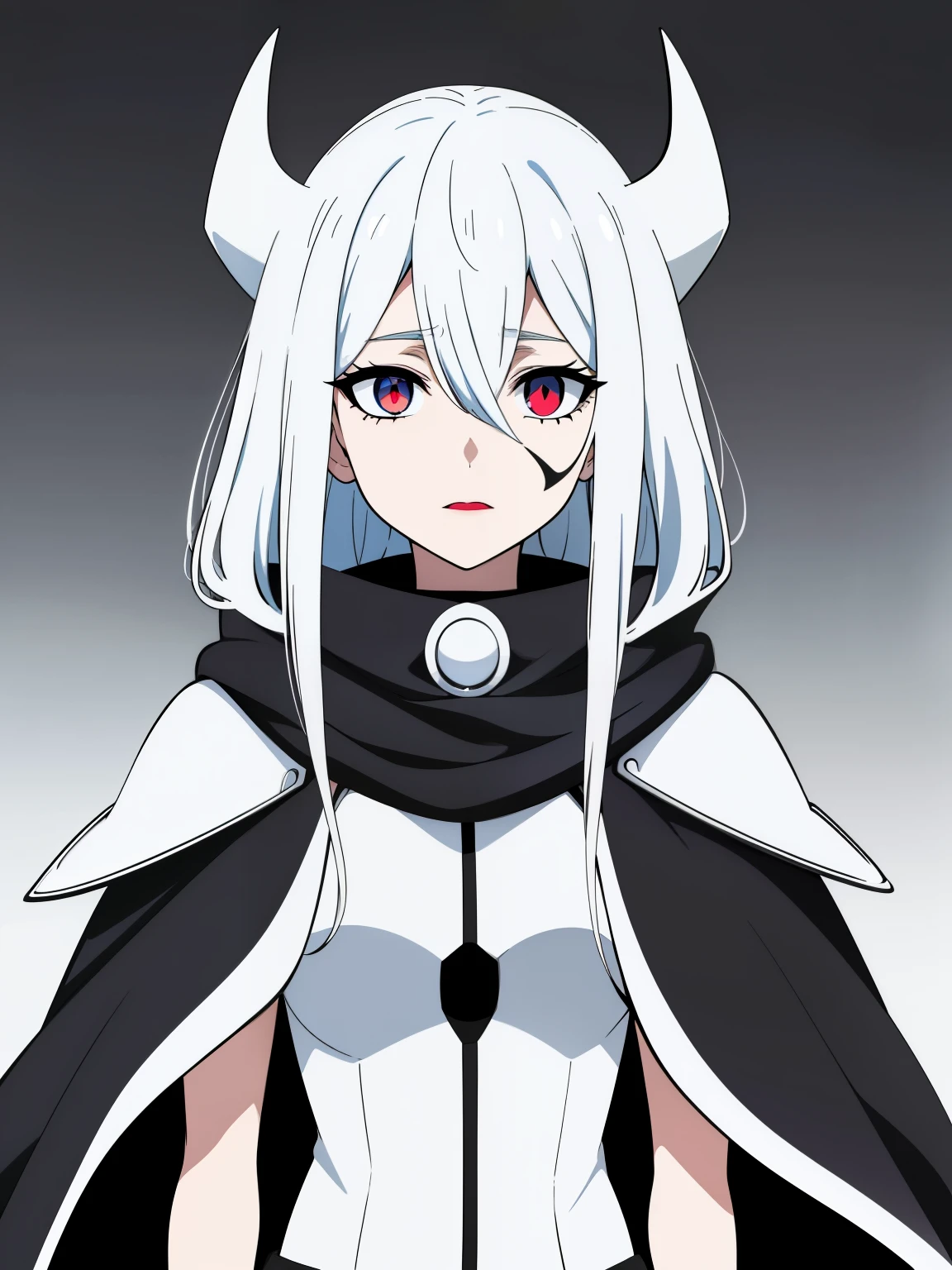 (high-quality, breathtaking),(expressive eyes, perfect face) 1girl, female, solo, adult age, Symmetrical Eyes, simple grey gradient background, long hair, shag hair, portrait, looking at viewer, soft red lipstick, black scarf hooded cape, bone_armor, white armor, pale blue hair, detached collar, bone skirt, hollow mask, colored sclera, vertebrae, espada, hetrochromia left eye blue right eye yellow